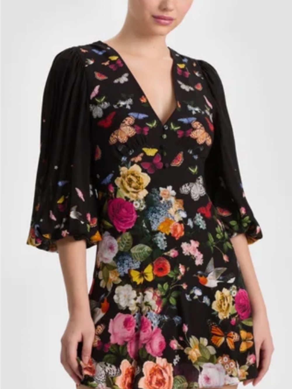 Alice + Olivia Black Floral & Butterfly V-Neck Mini Dress